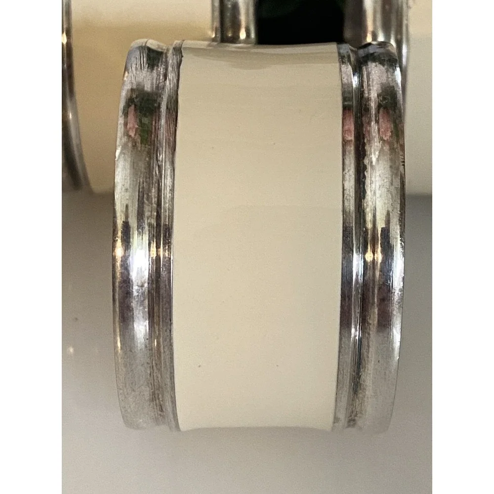 Vintage Set Of‎ 7 Silver Plated And Beige Enamel Napkin Rings Great Quality MCM